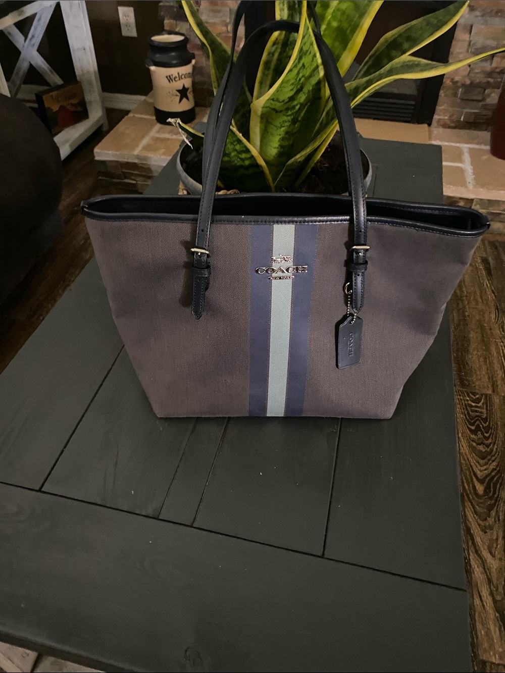 Coach Gray Tote with Navy and Light Blue Center Stripe